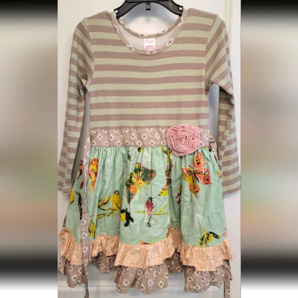 Giggle Moon Striped Dress with Floral Skirt and Pink Flower